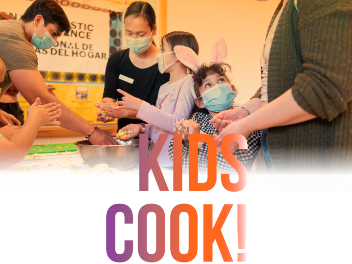Children learning from a cooking instructor during a Kids Cook! class. Kids Cook!
