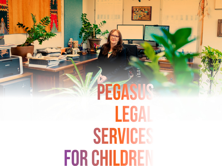 Bette Fleishman, JD, MA, Pegasus Legal Services for Children Executive Director sitting in an office surrounded by art and plants. Pegasus Legal Services For Children