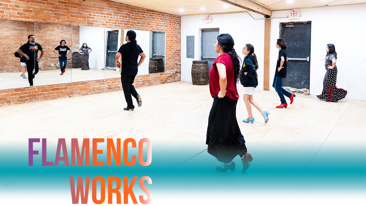 A group of dancers practicing flamenco in a studio together. Flamenco Works