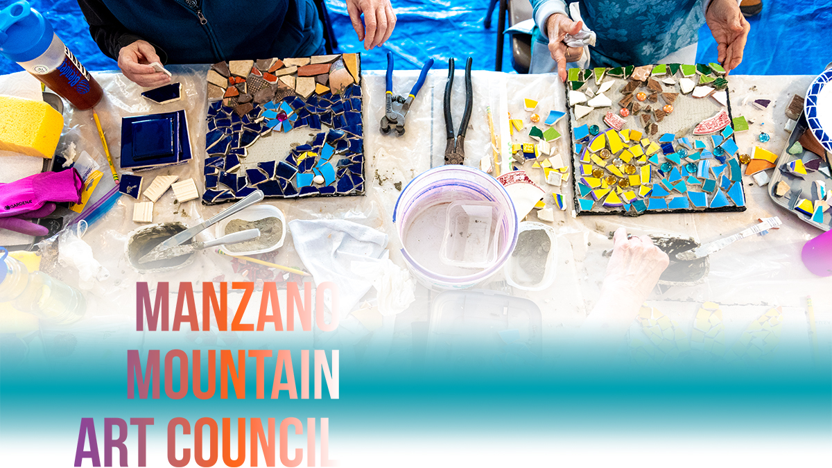 Participants in a Manzano Mountain Art Council class creating mosaics.